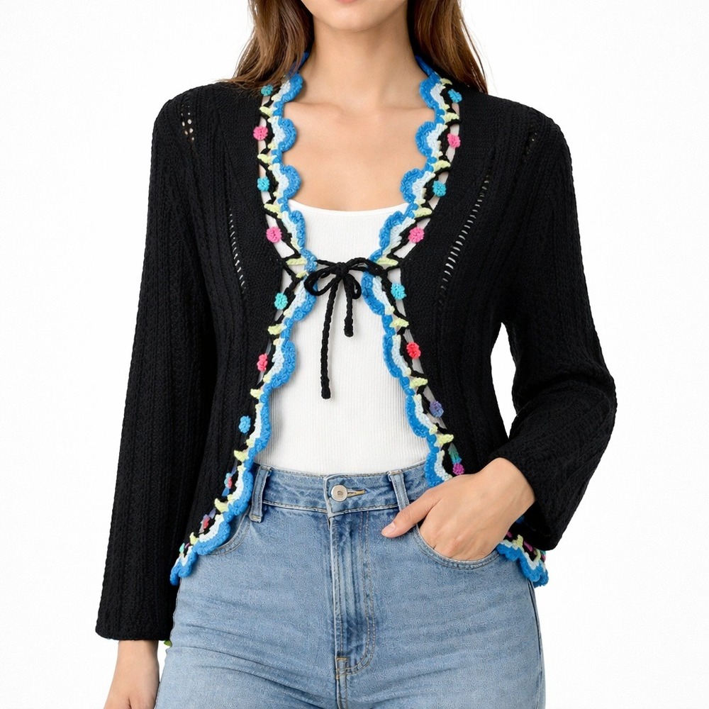 Vintage‎ Relativity Crochet Tie Front Cardigan. Size LP